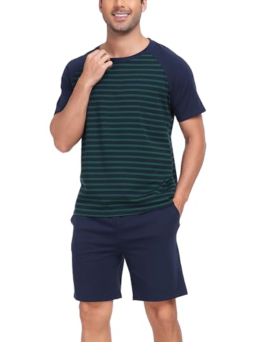 Image of Vlazom Men's Pyjama Sets Cotton Soft Pj Short Sets Stripes Top and Shorts for Sleepwear Loungewear with Pockets Dark Green,M
