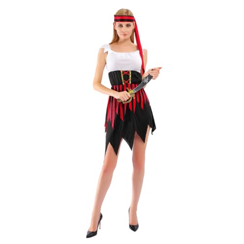EraSpooky Damen Piratenkostüm Sexy Freibeuterin Kleid mit Zackenrock & Rotem Stirnband