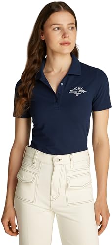 Tommy Hilfiger Women’s Script Graphic Slim Fit Short Sleeve Polo Shirt, Blue (Dark Night Navy), L