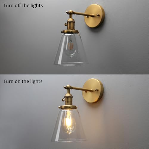 Image of PERMO Industrial Wall Sconce Single Brass Sconce with On Off Switch Funnel Flared Clear Glass Hand Blown Shade Hardwired (Antique Glod)