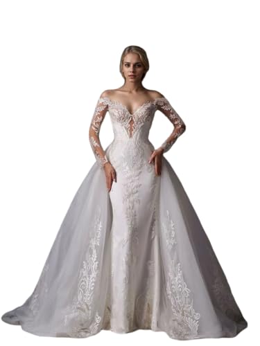 Elegant Mermaid/Trumpet Formal Wedding Dress Court Train Off Shoulder Lace Satin Long Sleeve Appliques 2025