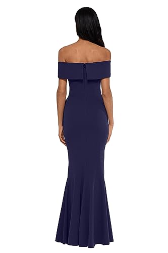 Image of Betsy & Adam Women's Women's Long Off Shoulder Cascade Ruffle Stetch Scuba Crepe Gown