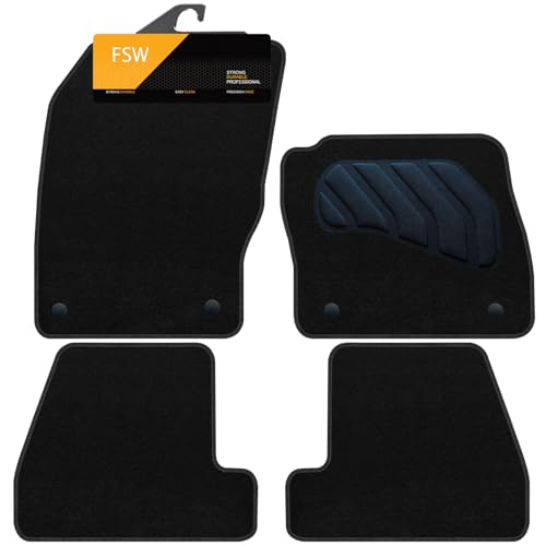 FSW - Car Floor Mats For Ford Focus MK3 2011-2018 - Tailored Mats - Black Carpet - PVC Cushioned Heel Pad - Anti Slip Mat - Non Slip Car Floor Mat - 4 Pc Floor Mat - 4 Clips