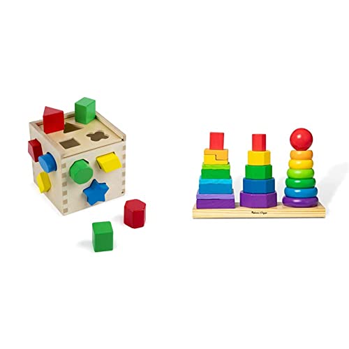 Image of Melissa & Doug Geometric Stacker - Wooden Educational Toy & Shape Sorting Cube - Classic Wooden Toy with 12 Shapes