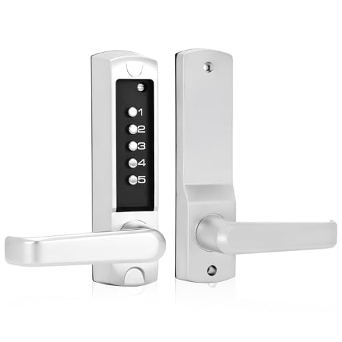 Mechanical Door Lock with Handle,Stainless Steel Mechanical Keyless Entry Door Lock,The Password Must be Entered in Numerical Order to Unlock,More Secure(Silvery)