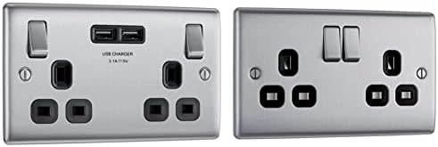 BG Electrical Double Switched Fast Charging Power Socket with Two USB Charging Ports, 13 A & Double Switched Power Socket, Brushed Steel with Black Inserts, 13 Amp, 3.0 cm*14.65 cm*8.6 cm