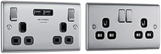 BG Electrical Double Switched Fast Charging Power Socket with Two USB Charging Ports, 13 A & Double Switched Power Socket, Brushed Steel with Black Inserts, 13 Amp, 3.0 cm*14.65 cm*8.6 cm