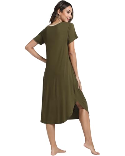 Image of NACHILA Nightgowns for Women-Viscose Made from Bamboo, V Neck Sleepshirts Short Sleeve Sleepwear Cool Nightshirt