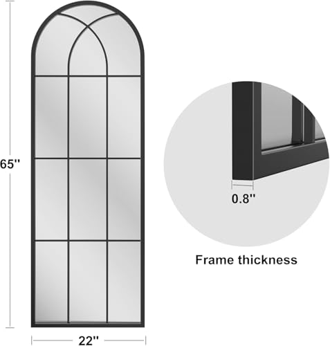 Image of Dewfig Arched Full Length Mirror, 65 inchx 22 inch Windowpane Floor Mirror, Black