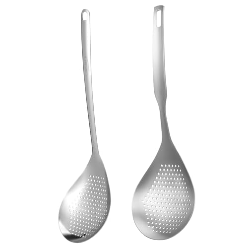 OKUMEYR 2pcs Stainless Steel Skimmer Spoons Fine Mesh Strainers with Extended Handles for and Straining for Hot Pots and Frying