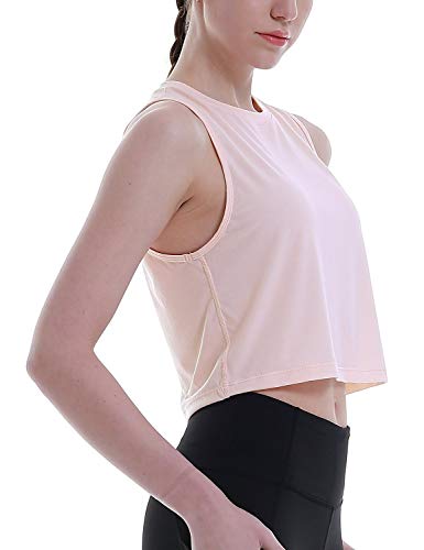 BALEAF Women\'s Workout Sleeveless Shirts Quick Dry Cropped Tank Tops Loose Fit Muscle Shirts Athletic Gym Yoga Tops Pink Size S