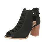 BORAMAX Womens Open Toe Heel Sandal,Fashion Buckle Strap Chunky High Heel Sandals Faux Suede Cutout Black High Heel Party Dress Booties