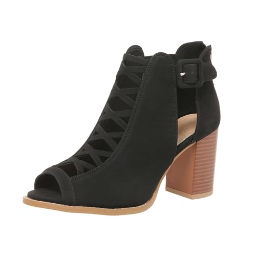 BORAMAX Womens Open Toe Heel Sandal,Fashion Buckle Strap Chunky High Heel Sandals Faux Suede Cutout Black High Heel Party Dress Booties