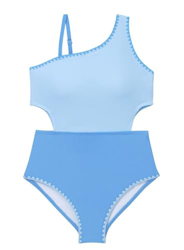 blibean Teen Girls Swimsuits Little Kids Summer One Piece Hawaii Beach Bathing Suit Tween Girl Fashion Color Block Swimwear Traje De Baño para Niñas Size 12-13 Year Old Light Blue