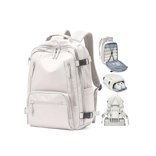 Travel Carry on Laptop Backpack for Women Men, Expandable Flight Approved Backpack, Waterproof Sports College bag Casual Daypack for Weekender Business Hiking with Shoe Compartment Beige