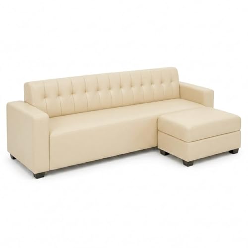 Image of FURNY Luxe 4 Seater L Shape Sofa Set with Movable Ottoman | Flexible Left or Right Layout | Premium Leatherette Upholstery (Cream) | Perfect for Living Room, Guest Room & Office