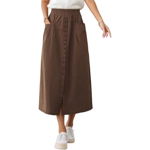 Women’s Vintage Elastic High Waist A Line Slit Hem Midi Skirt Summer Dressy Casual Loose Fit Long Skirts with Pockets