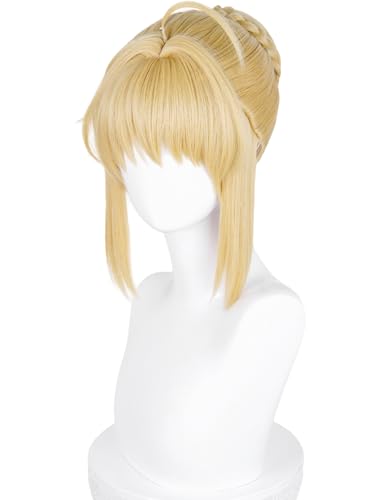 Short Blonde Anime Cosplay Wig with Bangs & Braid Bun for Women