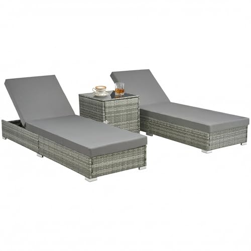 Warmiehomy Garden Rattan Sun Loungers Set of 2 with Side Table Adjustable Back Garden Lounger Sunbed with Cushions 3 Pieces Metal Frame Outdoor Recliner Chair Lounge Set for Poolside Patio Grey