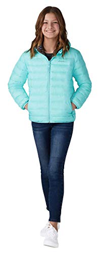 Eddie Bauer Girls Reversible Hooded Down Jacket (Aqua/Navy Print, Small 7/8)2