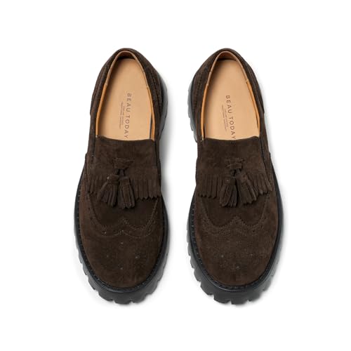 Image of BEAU TODAY Chunky Loafers for Women, Women's Leather Platform Loafers, Lug Sole Tassel Slip On Loafers Shoes Brogues Wingtip Casual Business Shoes Comfortable Dressy