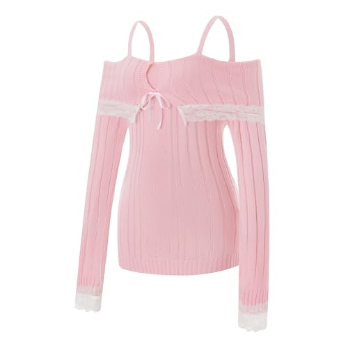 Womens Y2k Off Shoulder Ribbed Knit Sweater Cute Long Sleeve Lace Trim Going Out Pullovers Aesthetic Clothes2