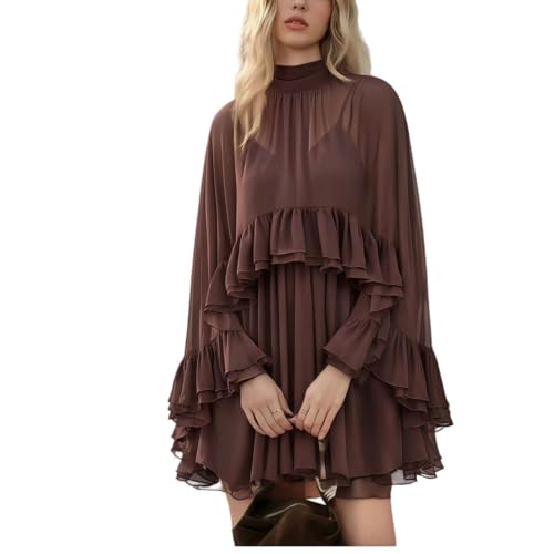 Women's Semi-Sheer Chiffon Ruffle Poncho Sleeve Dress Coffee Color Stand