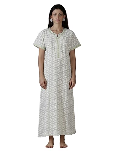 Image of 9shines Label Stylish Chikankari Cotton Nighty Maxi for Women | Full Length Nightgown | Nightdress with Pocket | Embroidery Nighty | Soft Comfortable Cotton Nightwear (1545)