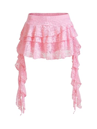 Womens Y2K Mini Skirt Ruffle Lace Asymmetrical Cute Skirts Layered Flowy Pleated Skort with Shorts (Pink Small)