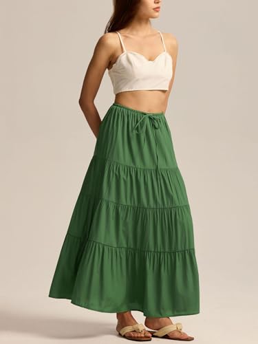 Maxi Skirts for Women Summer Layered Elastic Waist Drawstring Skirt A-Line Pleated Beach Vacation Boho Long Skirt3
