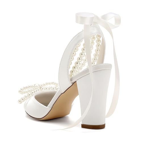 Pearl High Block Heels Wedding Shoes for Bride with Bow Satin Bridal Shoes Women Chunky Slingback Heels Sandals Pumps4