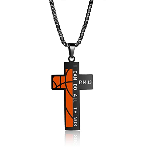 ZRAY Black Basketball Cross Necklace Engraved I CAN DO All THINGS PH4:13 Bible Verse Pendant Stainless Steel Chain Sport Jewelry Gift for Men Boys