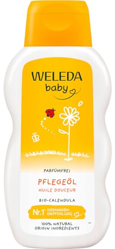 WELEDA Bio Baby Calendula Pflegeöl parfümfrei - veganes Naturkosmetik Babyöl mit Sesamöl zur Pflege & Massage von Babys. Körperöl zum Schutz vor Hautreizungen, Wundwerden & trockener Haut (1x200ml)