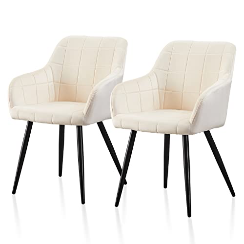 TUKAILAi Cream Velvet Dining Chairs Set of 2, Upholstered Leisure Kitchen Counter Chairs with Backrest and Metal Legs,Occasional Living Room Tub Chairs for Lounge Restaurants Reception