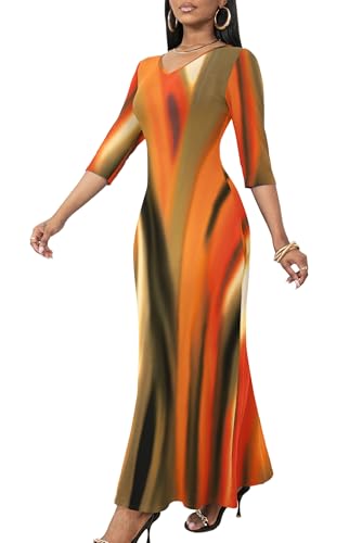 FANDEE Boho Maxi Dress Orange, Flattering Dresses for Curvy Women with Sleeves and Pockets, L