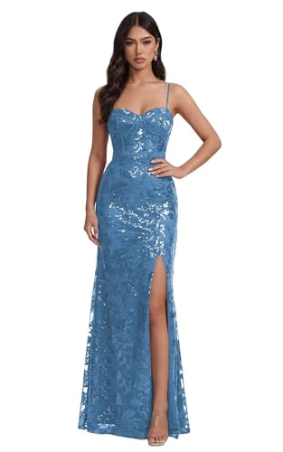 IMCACTOR Spaghetti Strap Bodycon Prom Dress Slit 2026 Ocean Blue V Neck Mermaid Sparkly Sequin Lace Formal Cocktail Party Dresses with Slit US16