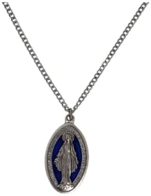Miraculous Blue Medal Necklace – 24" Stainless Steel Chain with Miraculous Medal Prayer Card & Our Father Prayer Card – Catholic Gift
