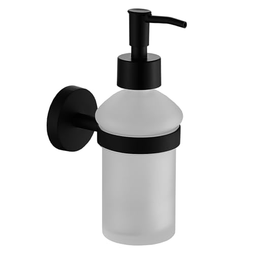 Dispensador de jabón de manos negro mate, montaje en pared de acero inoxidable 304 + botella de bomba de vidrio esmerilado para cocina y baño, botella dispensadora para lociones