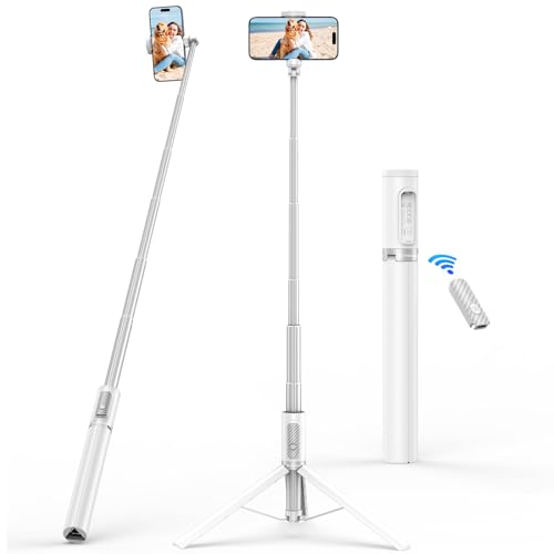 SYNCWIRE Palo Selfie 157 cm, Trípode Selfie Stick de Aluminio con Mando a Distancia Bluetooth Recargable para iPhone y Smartphones Android, Viajes, Vlogging, Grabación de Vídeo, Blanco