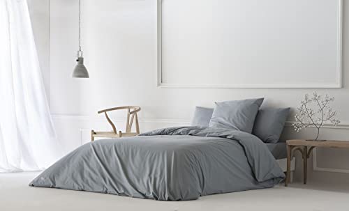 ETHERE MAISON Funda nórdica Lisa Gris Cama 120 cm - 200x200 cm, algodón 200 Hilos. Cierre con Botones.