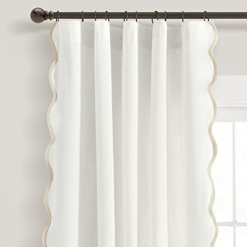 Image of Lush Decor Coastal Chic Scalloped Edge Light Filtering Window Curtain Panels Pair, 52 inch W x 84 inch L, Neutral & White - White Curtains for Living Room - Coastal Decor