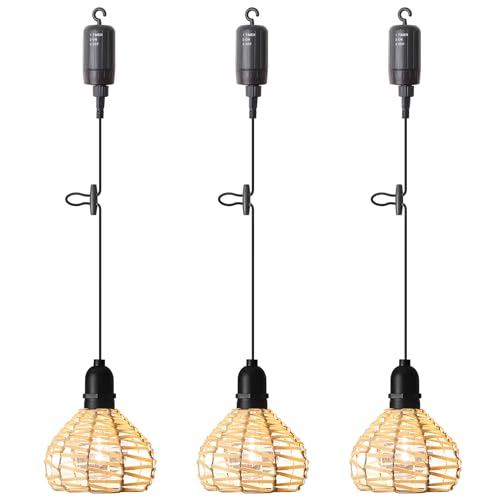 KSIBNW Lámpara Colgante 3 Piezas Portátil con Mando, Lámpara para Exterior e Interior Bohemias Iluminación con Pilas de Techo Pantalla de Ratán Regulable Ajustable con Temporizador para Jardín