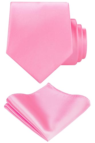 TIE G Solid Satin Woven dyed Color Formal Black Necktie and Pocket Square Sets in Gift Box (Hot Pink)