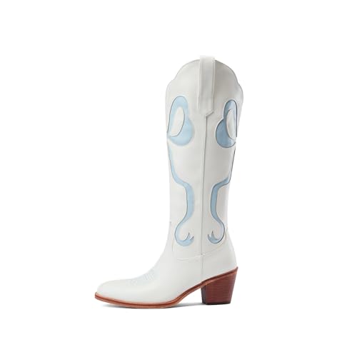Women's White Cowgirl Boots with Bow Knee High Cowboy Boots Almond Round Toe Chunky Heel Embroidered Western Cowboy Boots for Women2