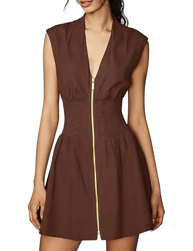Image of Women's V Neck Summer Dress Cap Sleeve Zipper Mini Dress Smocked Slit Dress with Pockets