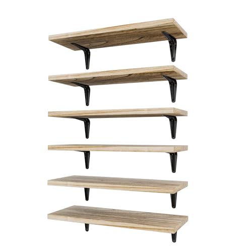 Image of SKYSEN Floating Shelves for Wall Set of 6, 15.7in Wood Wall Shelf for Decor, Bathroom, Bedroom, Storage, Book,Kitchen, Living Room - Rustic Brown(fs-40-l)
