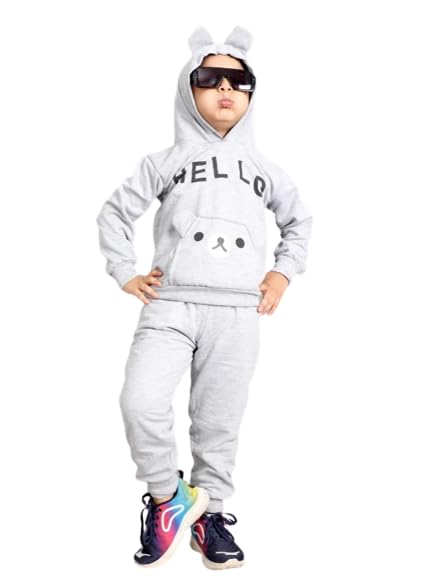 Image of Kids Cotton Blend Hoodie and Jogger Set for Winter - Warm & Comfortable with Cute Print for Boys and Girls (Grey)