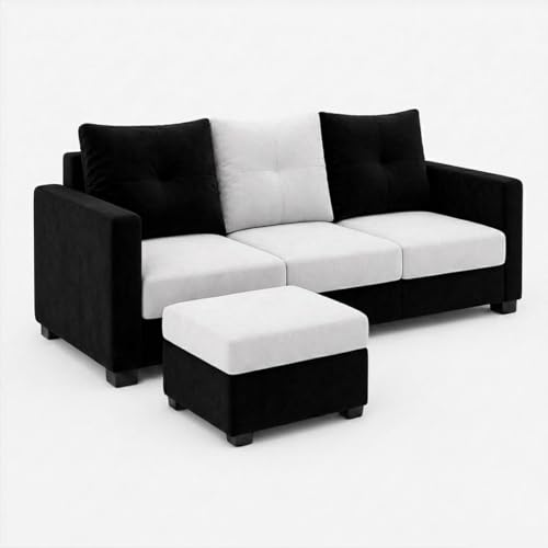 Image of FURNY Amonster 3 Seater + 2 Seater Fabric Sofa Set with 1 Ottoman (Black - Light Gray) with Velvet Finish | Durable Comfort | Ideal for Living Room