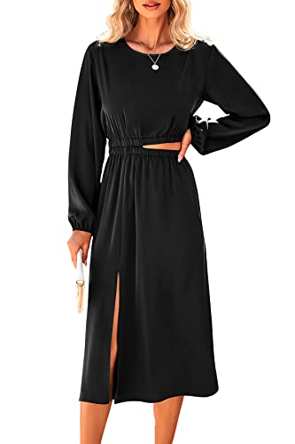Prettygarden Women's Spring Midi Satin Dress Casual Crewneck Long Lantern Sleeve Cut Out Flowy A-Line Party Dresses (Black,X-Large) #TOP10
