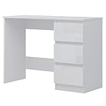 FWStyle White Gloss 3 Drawer Dressing Table or Home Office Desk, Modern Scandinavian Style with Matt Frame, Handle-Free Design and Metal Runners, H72 x W99 x D40 cm